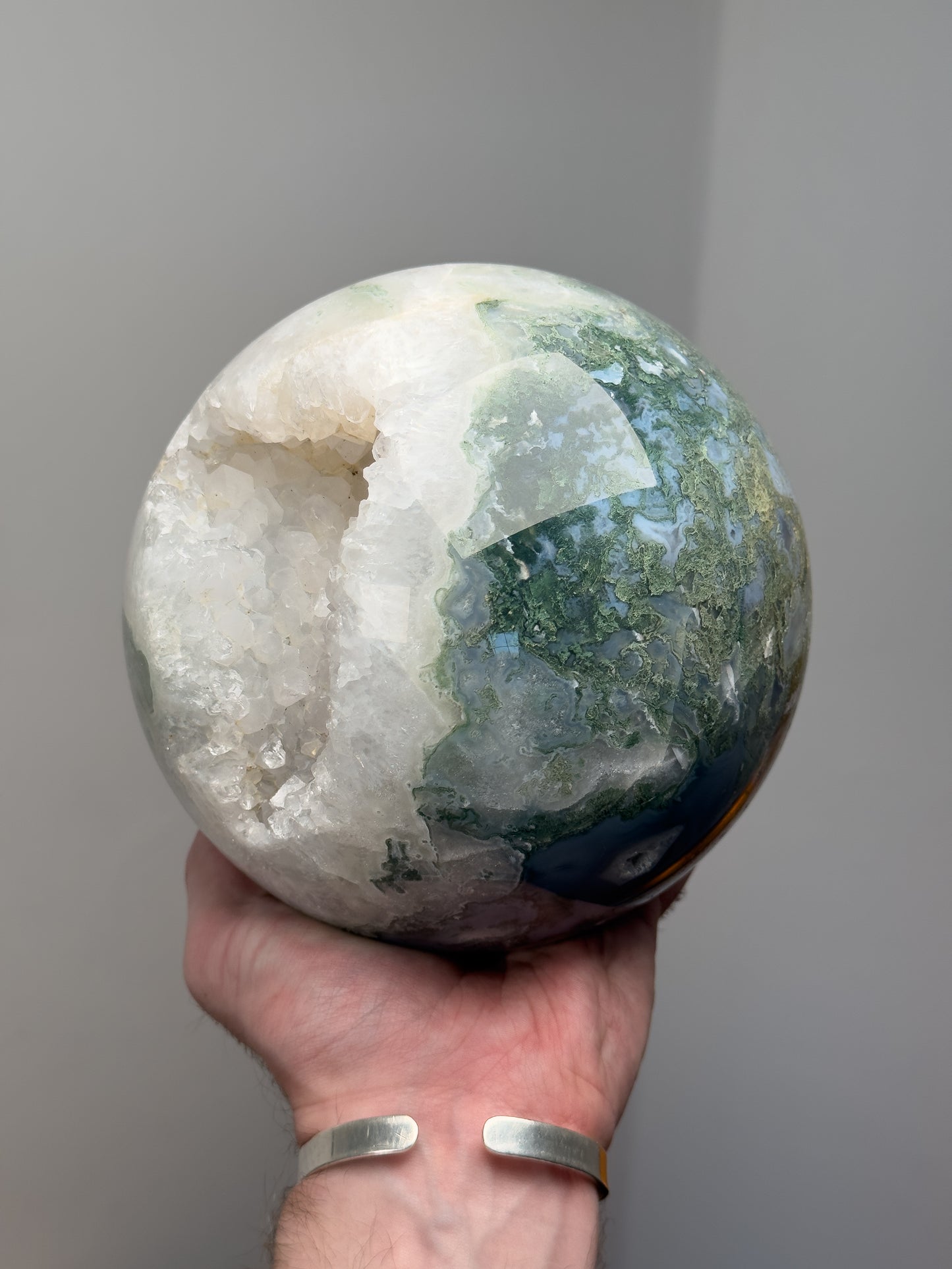 Moss agate druzy geode sphere