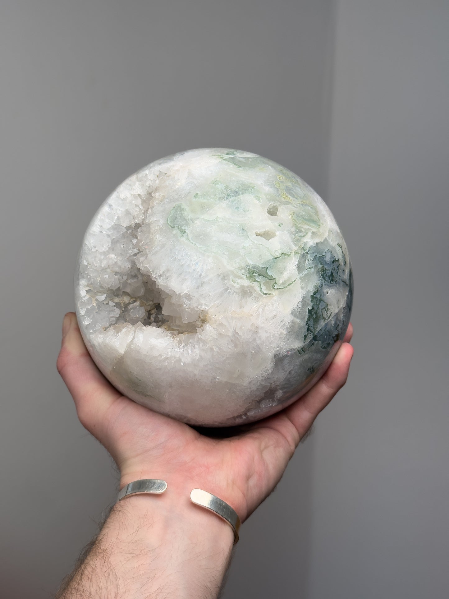 Moss agate druzy geode sphere